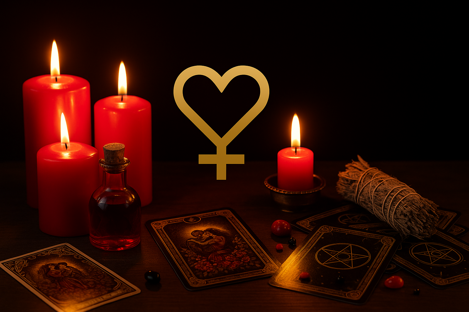 Altar místico con velas rojas, cartas de tarot y símbolo dorado de Venus